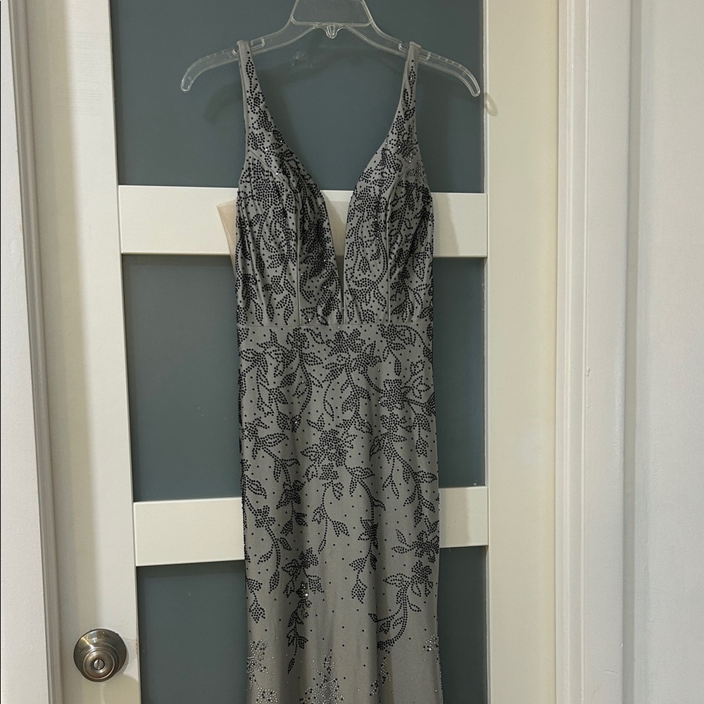 Strapless Gray Floral-Print Evening Dress